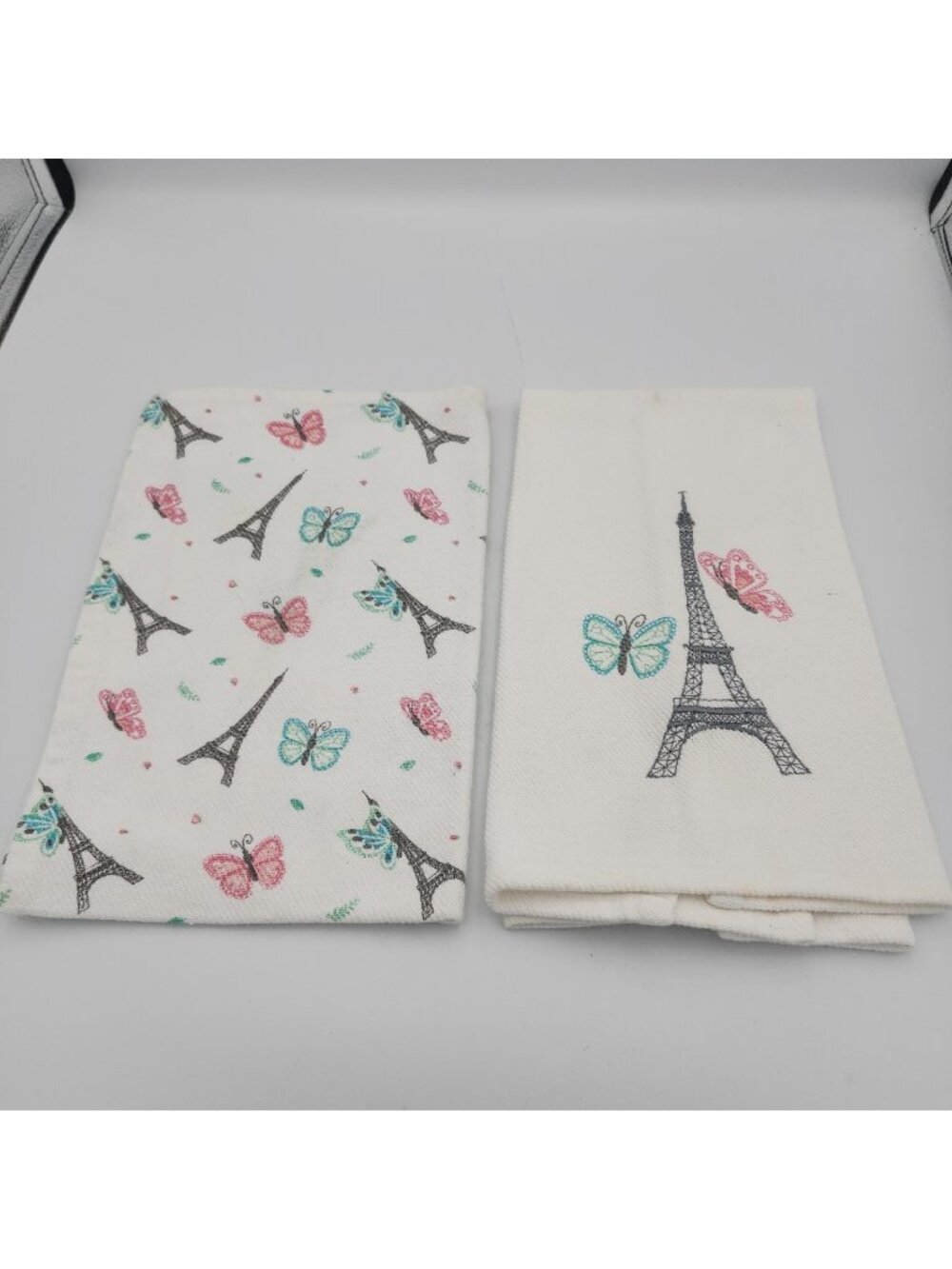 Eiffel Tower Butterfly Set Of 2 Kitchen Cotton Hand Towels White Gray